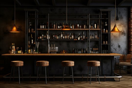 Stylish, empty bar area with a counter, stools, and shelves filled with liquor bottles, illuminated by warm pendant lamps