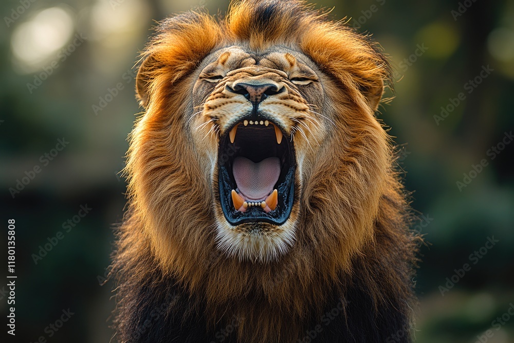 Poster a close-up shot of a lion's open mouth, showcasing its sharp teeth and powerful jaws