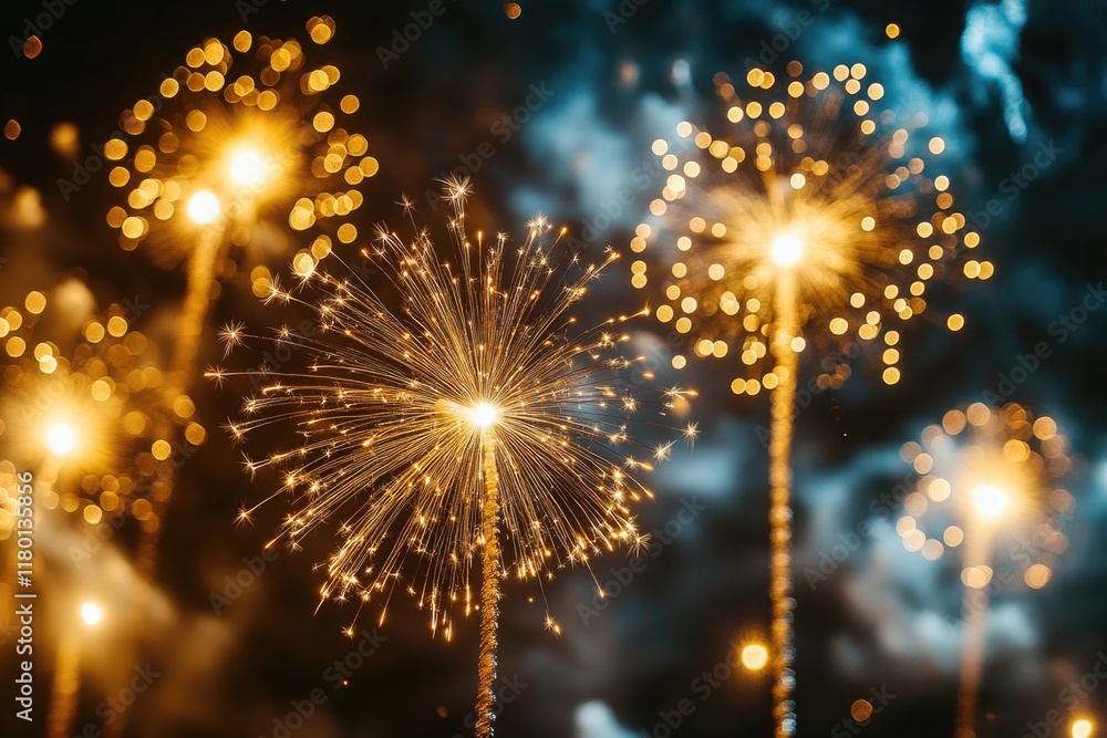 Poster a cluster of colorful sparklers suspended high in the air, ready for use at an outdoor event or cele