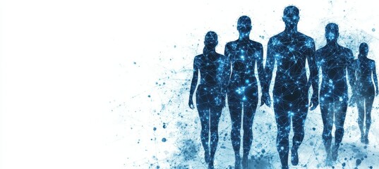 Blue digital human silhouette team standing together in a row on a white background with copy space