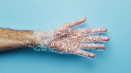  A man's hand wrapped in plastic wrap on a blue background