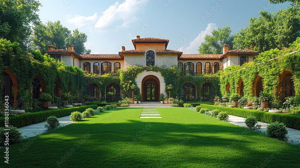 Poster a large building with a well-manicured lawn in front, suitable for use as an architectural or landsc