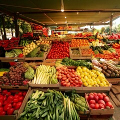 Farmer's market stalls filled with fresh fruits and vegetables