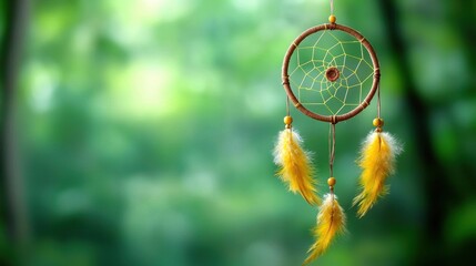 A yellow and white dream catcher hanging from a string
