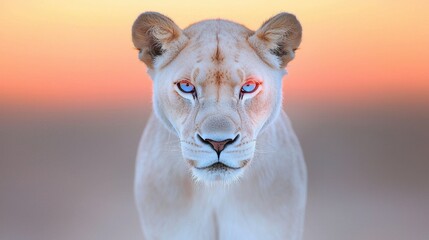 Obraz premium A white lioness with blue eyes standing in the desert