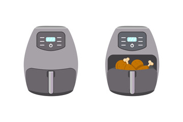 Set of Air Fryers. Left air fryer is closed. Drumsticks vector illustration. Сooking process is complete. Right air fryer drawer pulled out,  chicken, meat dishes inside.