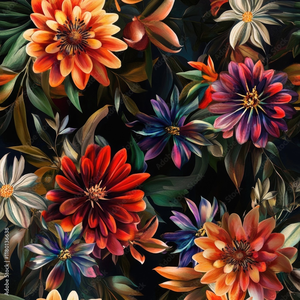 Poster a bouquet of vibrant flowers on a dark backdrop, perfect for highlighting or contrasting with other 