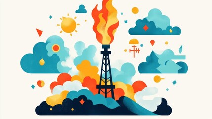 Abstract representation of oil extraction with fire and clouds.