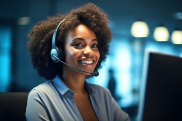 Friendly female call center agent wearing headset assisting clients online late at night