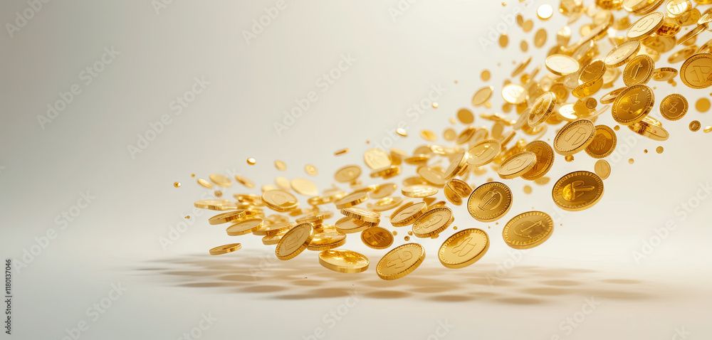 Poster a multitude of golden coins cascades across a light background, creating an artistic illusion of wea