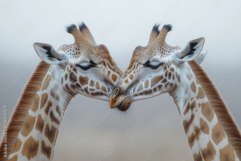 Poster two giraffes standing side by side, possibly in a zoo or wildlife setting