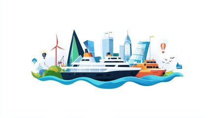 Naklejka premium Colorful illustration of various ships and modern city skyline.