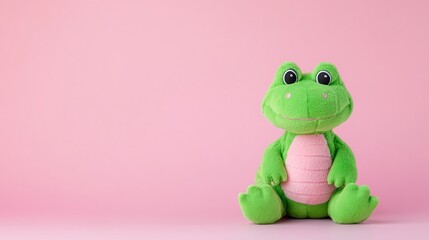 Obraz premium Green plush frog toy, pink background, playful soft toy, minimalistic design, kids’ accessory, close-up photography, copy space for text, children’s decor