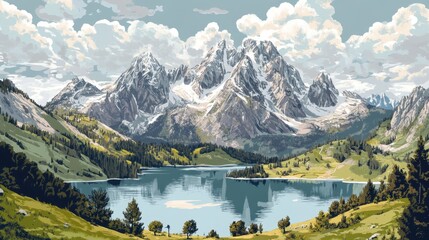 An illustration of the majestic Alps with snow-capped peaks, lush green meadows, and serene lakes. Use flat colors in shades of blue and gray