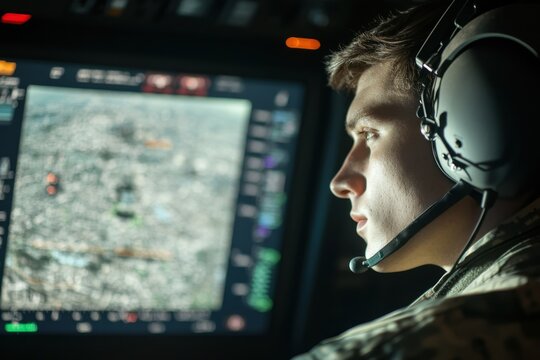 Military personnel operates aircraft cockpit display during reconnaissance mission at dusk