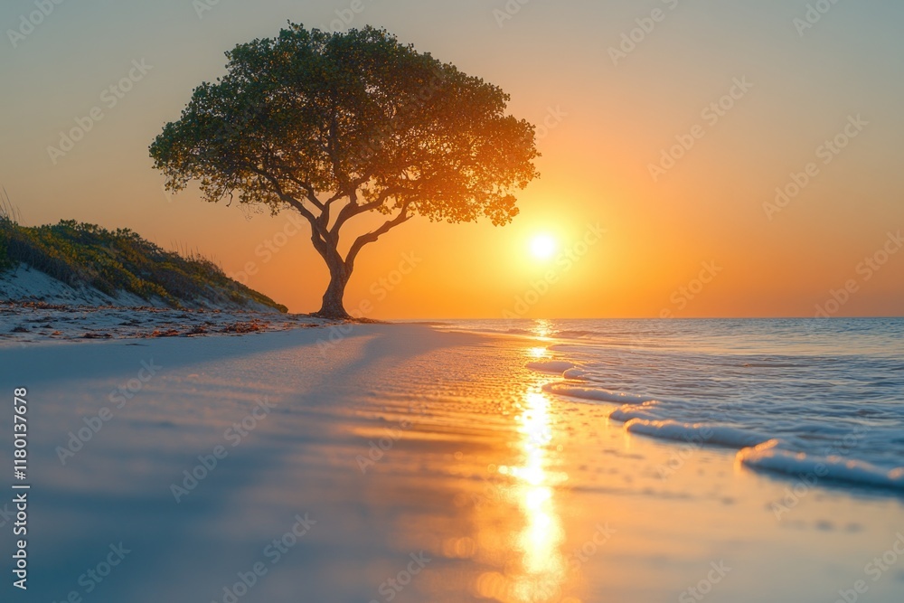 Poster a single tree stands tall on a sandy beach as the sun sets in the background, creating a warm and pe