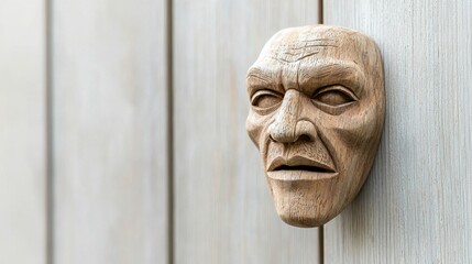 A wooden mask hanging on the side of a building
