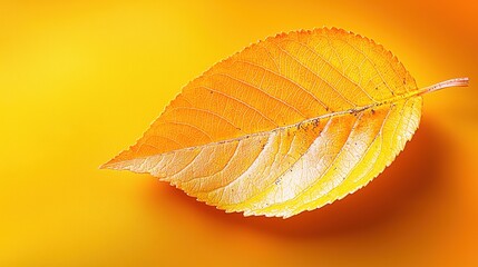 A single yellow leaf on a yellow background