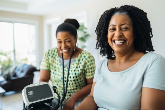 Happy nurse taking blood pressure of a cheerful senior woman during a home visit - Powered by Adobe