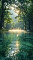 Fototapeta premium Serene morning sun rays filtering through lush green forest canopy, reflecting on tranquil, clear water.