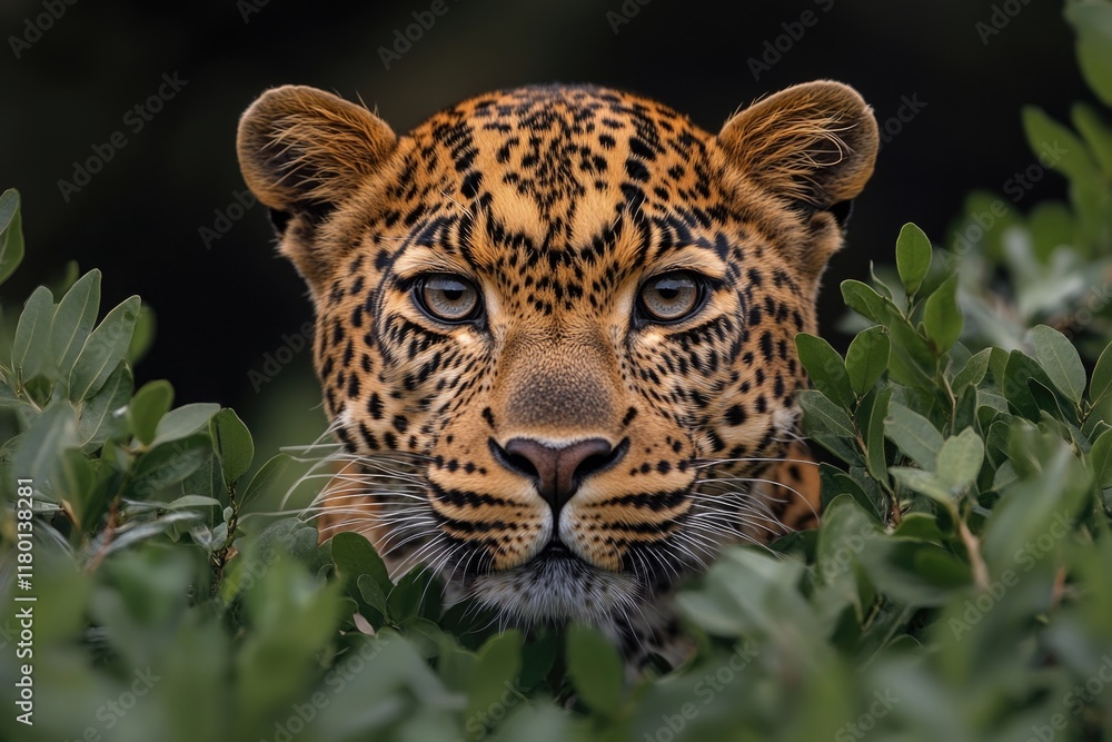 Poster close-up photo of a leopard's face peeking out from a bush, ideal for use in wildlife or nature-them
