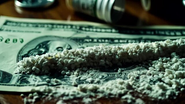Сocaine on dollar bill, drug concept about addiction