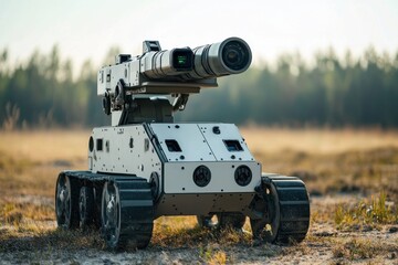 Fototapeta premium Advanced robotic vehicle equipped with missile launcher in outdoor setting