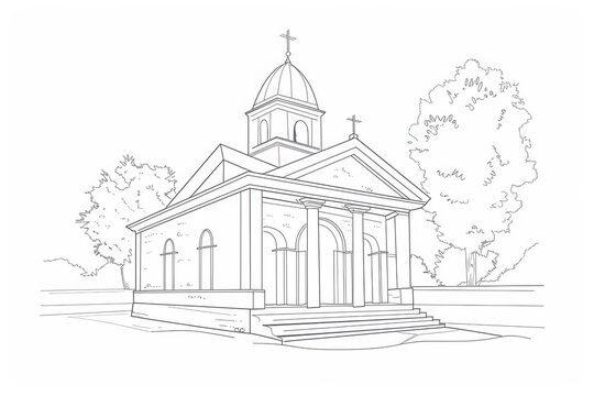 outlined church building with trees clip art preview
