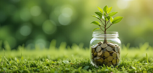 A small green plant grows from a jar filled with coins, symbolizing financial growth and sustainability. The setting features lush green grass and soft natural lighting, evoking a tranquil mood