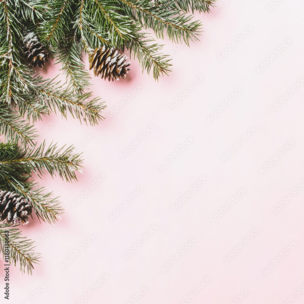 Poster a simple illustration of a pine branch with pinecones on a pink background