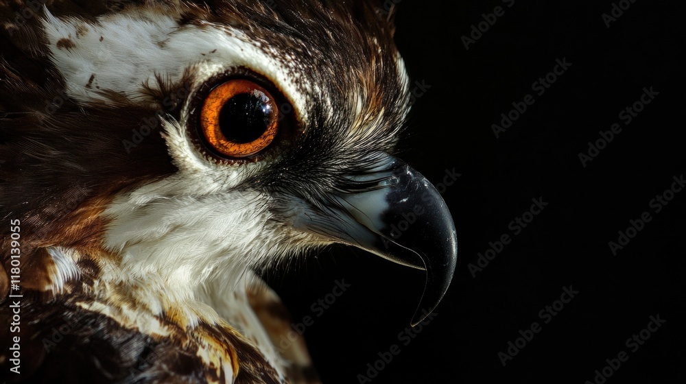 Poster a close-up shot of a bird of prey's face, highlighting its sharp features and piercing gaze
