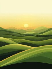 Obraz premium Abstract illustration of rolling hills with the sun setting in the background, using muted earth tones and soft gradients to create an organic feel. 