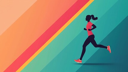   An image features a woman jogging against a vibrant backdrop, with a rainbow strip overlaying the top This depicts a silhouette of the woman