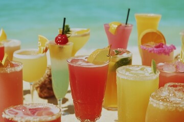 A selection of drinks on a table, including coffee, tea, juice, and more