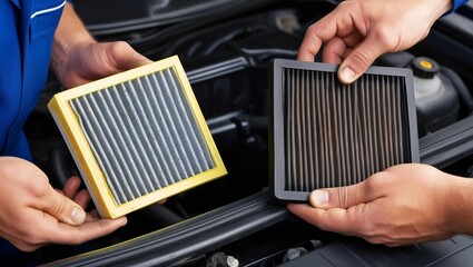 Mechanic Comparing Dirty and Clean Air Filters