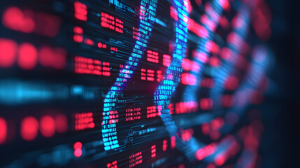 World Cancer Day oncology cure concept. Abstract visualization of digital data streams in vibrant red and blue colors.