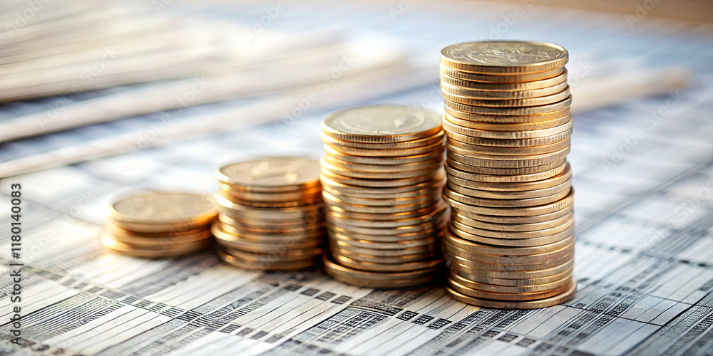 Poster several stacks of coins of varying heights are arranged on a ledger featuring financial charts and g
