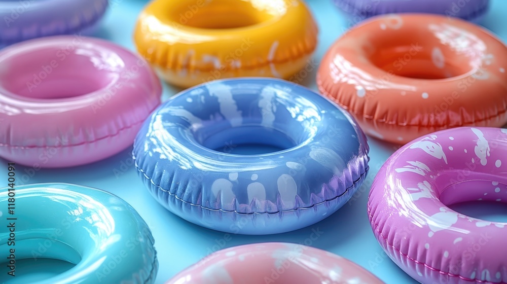 Aufkleber a collection of colorful inflatable pool rings floating on a blue surface, ideal for summer fun and 