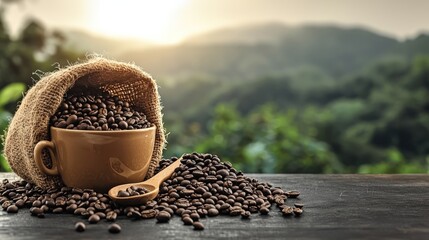 Naklejka premium A rustic scene featuring a cup of coffee beans, highlighting natural beauty and warmth.