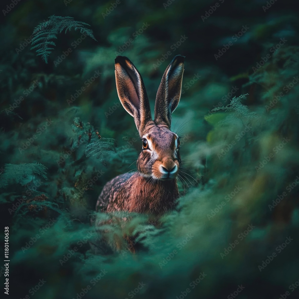 Poster a rabbit stands in the center of a dense and vibrant forest