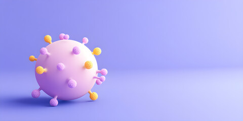 World Cancer Day oncology cure concept. 3D model of a colorful virus on a soft purple background.