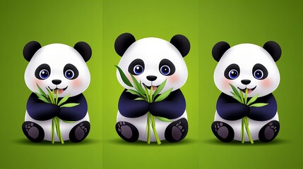 Three adorable panda cubs enjoy a delicious bamboo snack against a vibrant green background.