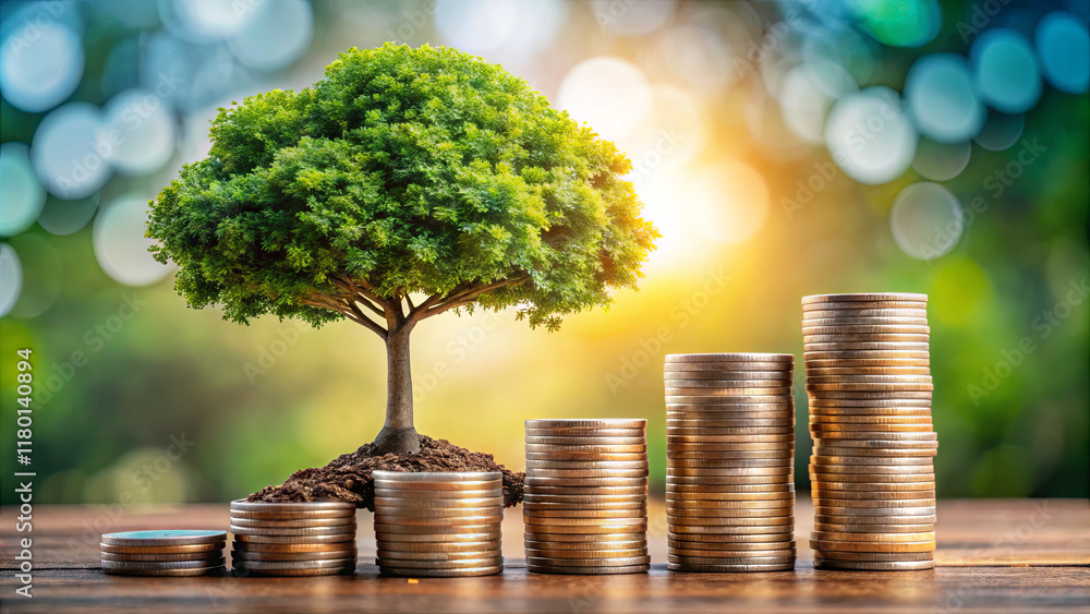 Poster a small tree rises from a mound of soil atop stacked coins, representing the connection between natu