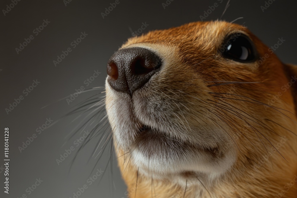 Poster a close-up view of a dog's facial features on a gray background