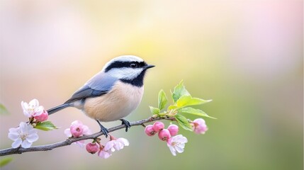 Obraz premium A small bird sitting on a branch with pink flowers