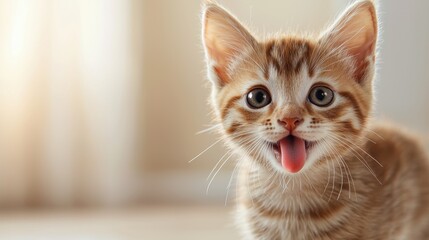 Fototapeta premium A small orange and white kitten sticking its tongue out