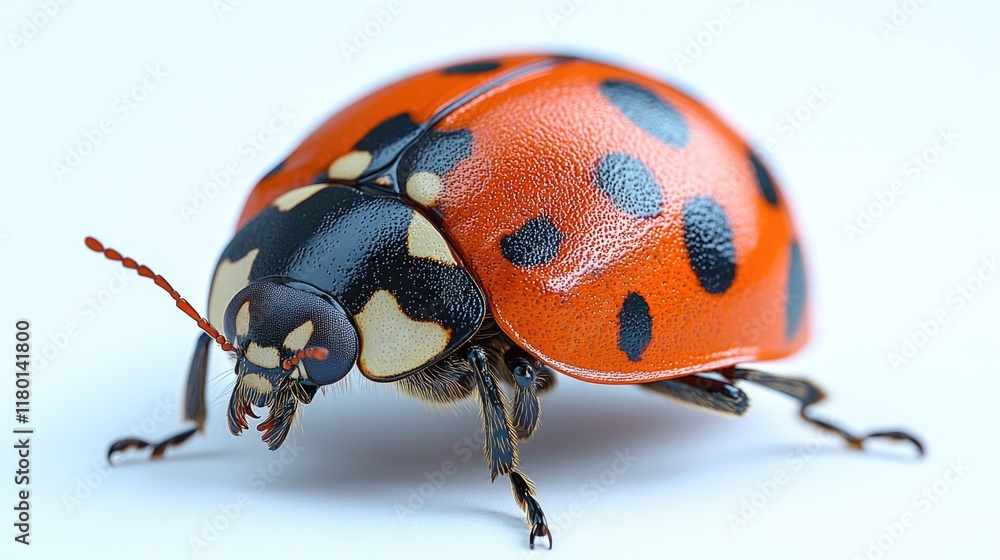 Poster a close-up shot of a ladybug sitting on a white surface, focused on its tiny features and vibrant co