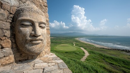 Fototapeta premium A stone buddha head on the side of a stone wall overlooking the ocean