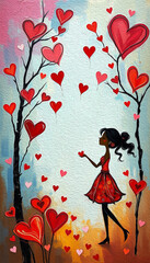 Valentine's Day card design. Illustration with oil paint. Pattern for printing on wall decorations, covers, wallpapers