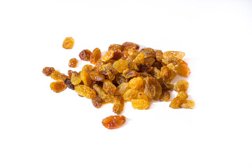 A mountain of colorful raisins on a white background, dried grapes, sweets